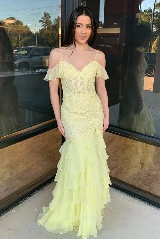 Romantic Yellow Off-Shoulder Tiered Ruffled Lace Mermaid Gown