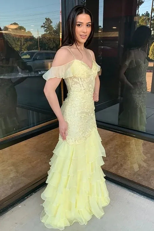 Romantic Yellow Off-Shoulder Tiered Ruffled Lace Mermaid Gown