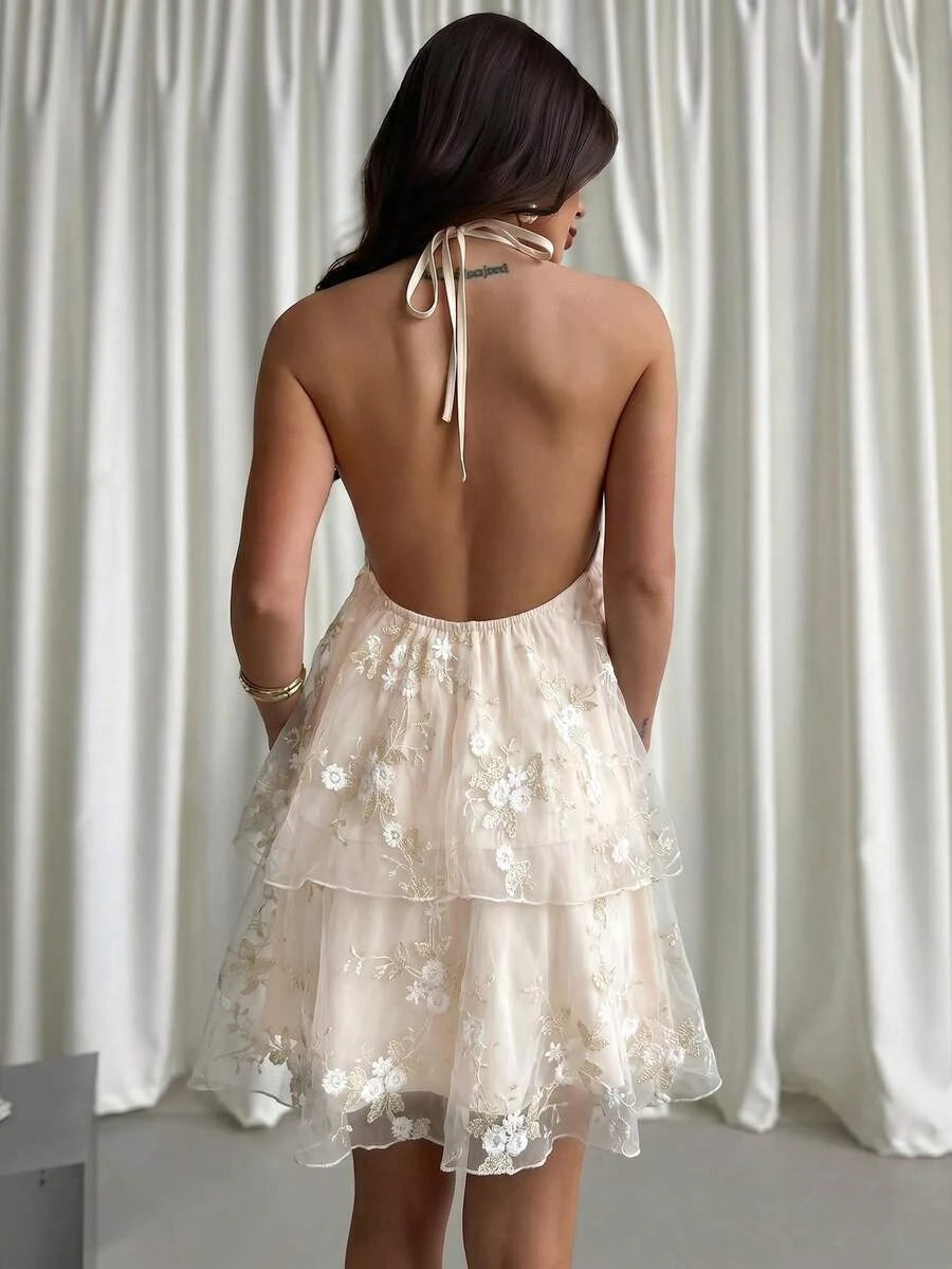 Romantic A-Line Halter Tiered Ruffle Embroidered Champagne Mini Homecoming Dress
