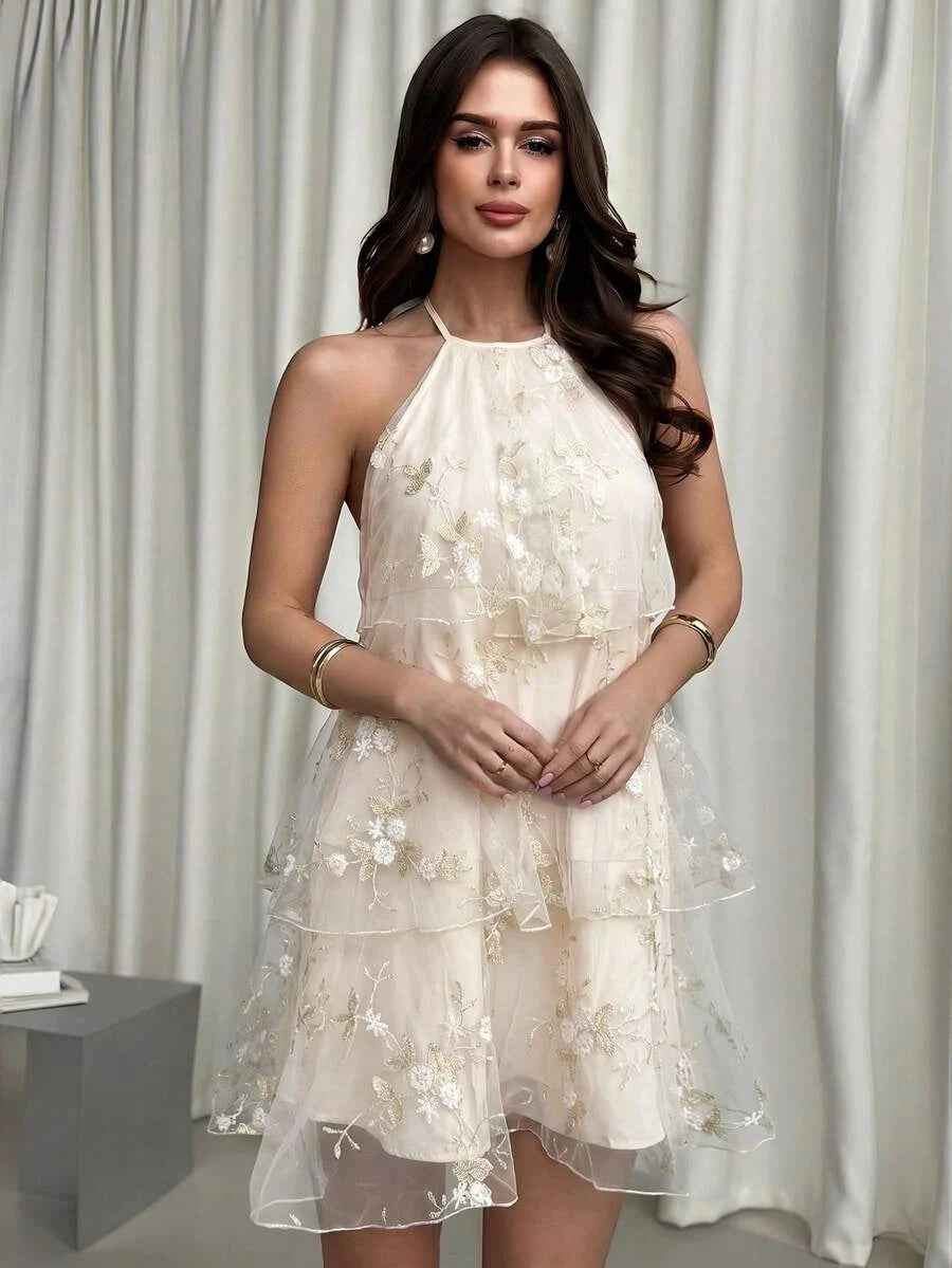 Romantic A-Line Halter Tiered Ruffle Embroidered Champagne Mini Homecoming Dress