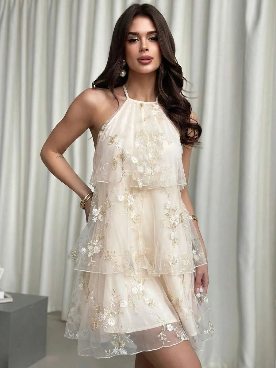 Romantic A-Line Halter Tiered Ruffle Embroidered Champagne Mini Homecoming Dress