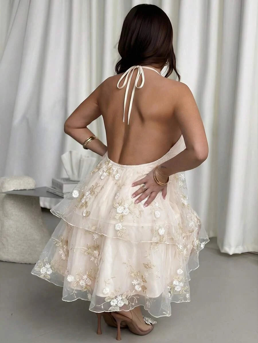 Romantic A-Line Halter Tiered Ruffle Embroidered Champagne Mini Homecoming Dress