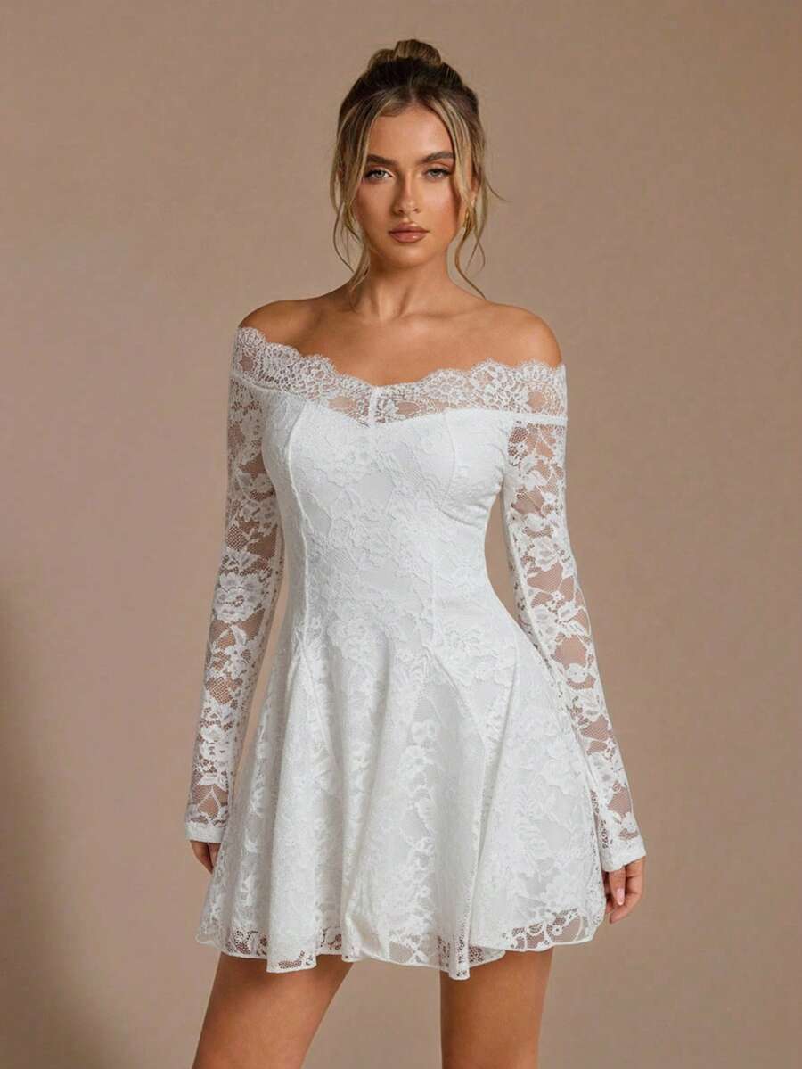 Romantic A-Line Off-Shoulder Long Sleeve Lace White Mini Homecoming Dresses