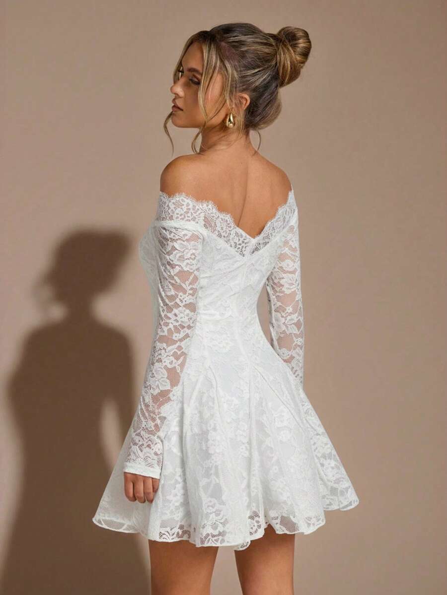 Romantic A-Line Off-Shoulder Long Sleeve Lace White Mini Homecoming Dresses