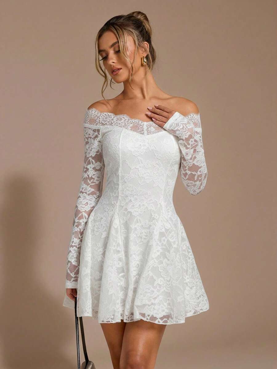Romantic A-Line Off-Shoulder Long Sleeve Lace White Mini Homecoming Dresses