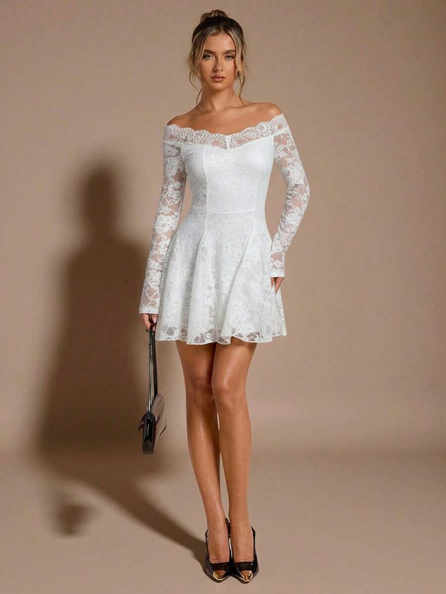 Romantic A-Line Off-Shoulder Long Sleeve Lace White Mini Homecoming Dresses