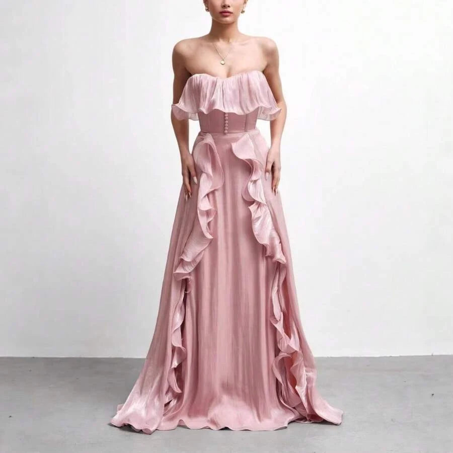 Romantic A-Line Strapless Ruffled Corset Shimmer Satin Pink Floor-Length Prom Dress