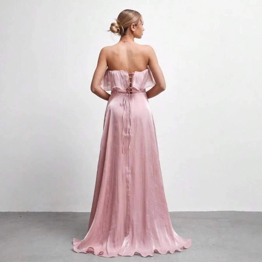 Romantic A-Line Strapless Ruffled Corset Shimmer Satin Pink Floor-Length Prom Dress