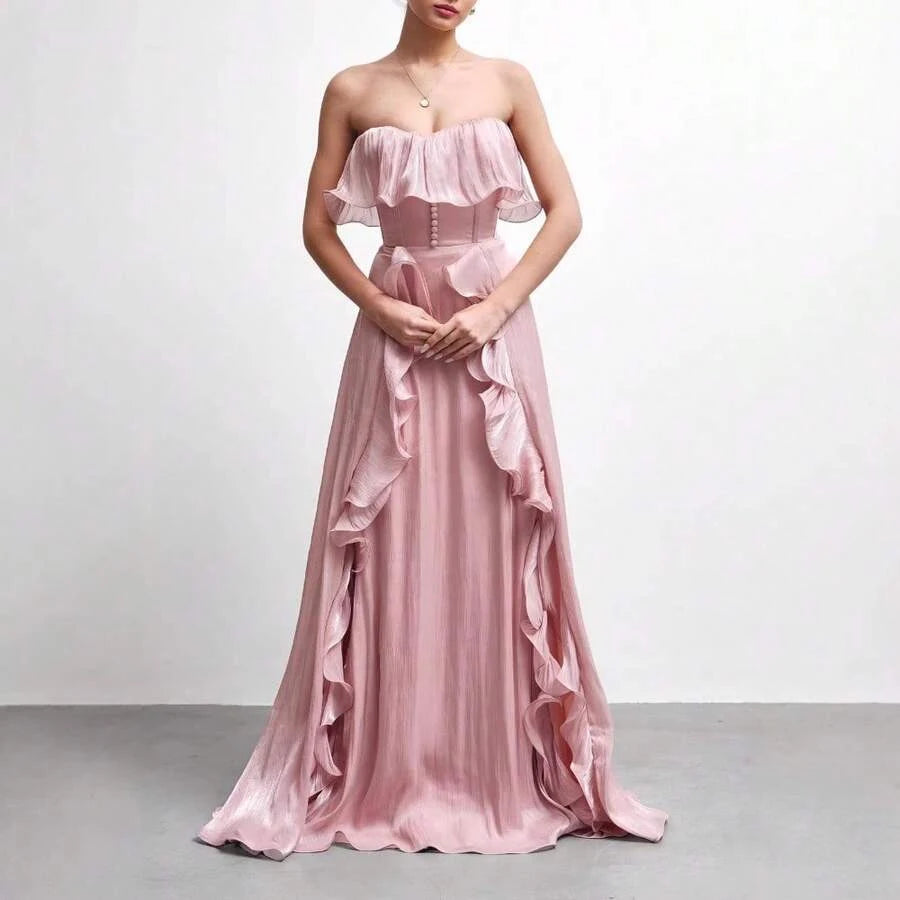Romantic A-Line Strapless Ruffled Corset Shimmer Satin Pink Floor-Length Prom Dress