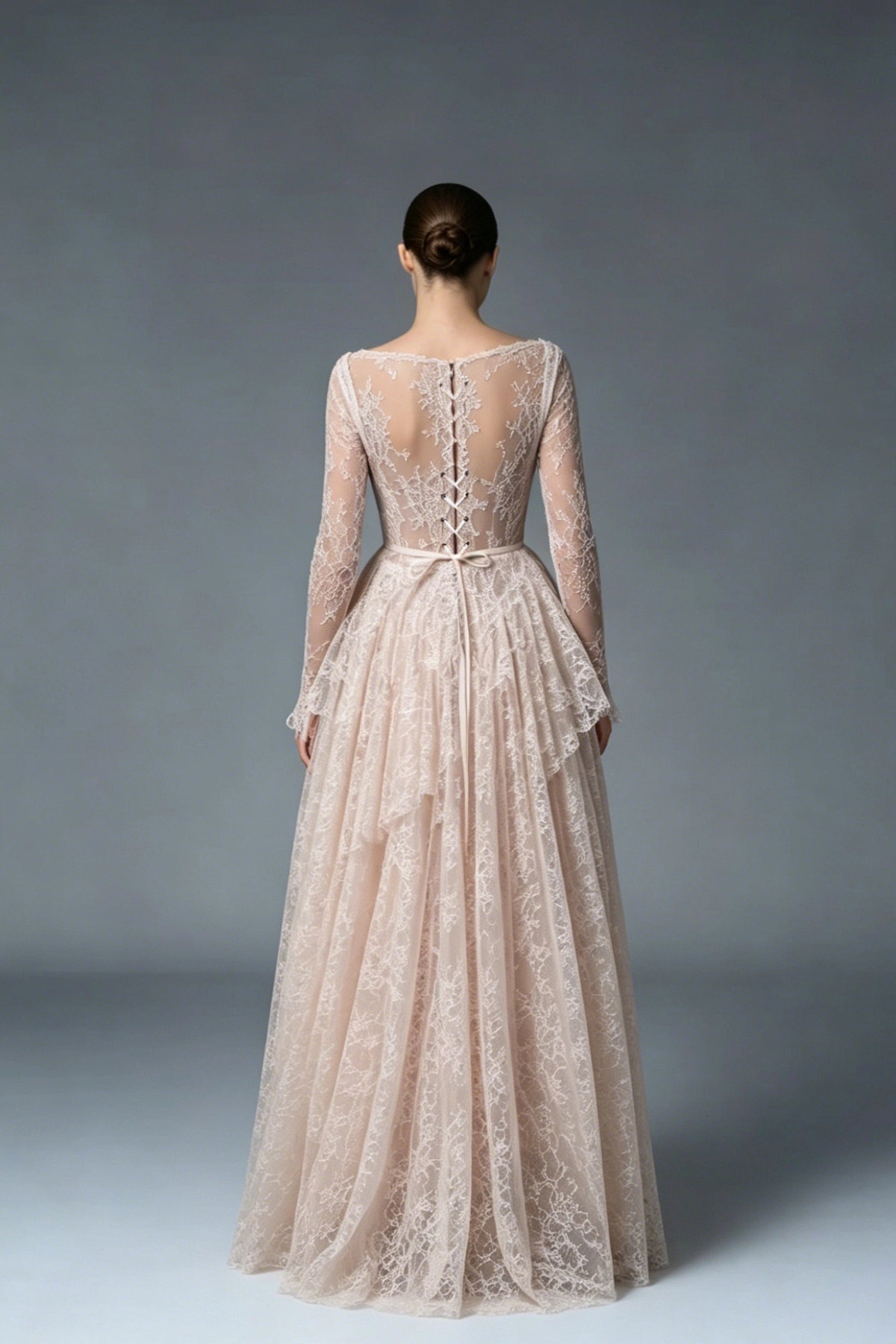 Romantic A-Line Sweetheart Long Sleeve Tiered Lace-Up Blush High-Low Wedding Dress
