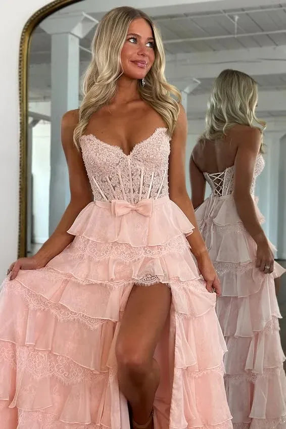 Romantic Blush Pink Strapless Tiered Ruffled Prom Gown With Corset Bodice