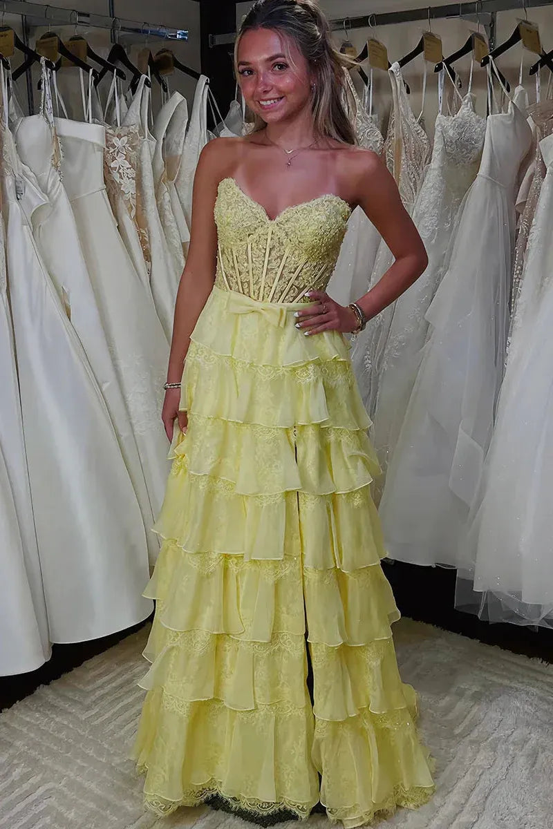 Romantic Blush Pink Strapless Tiered Ruffled Prom Gown With Corset Bodice