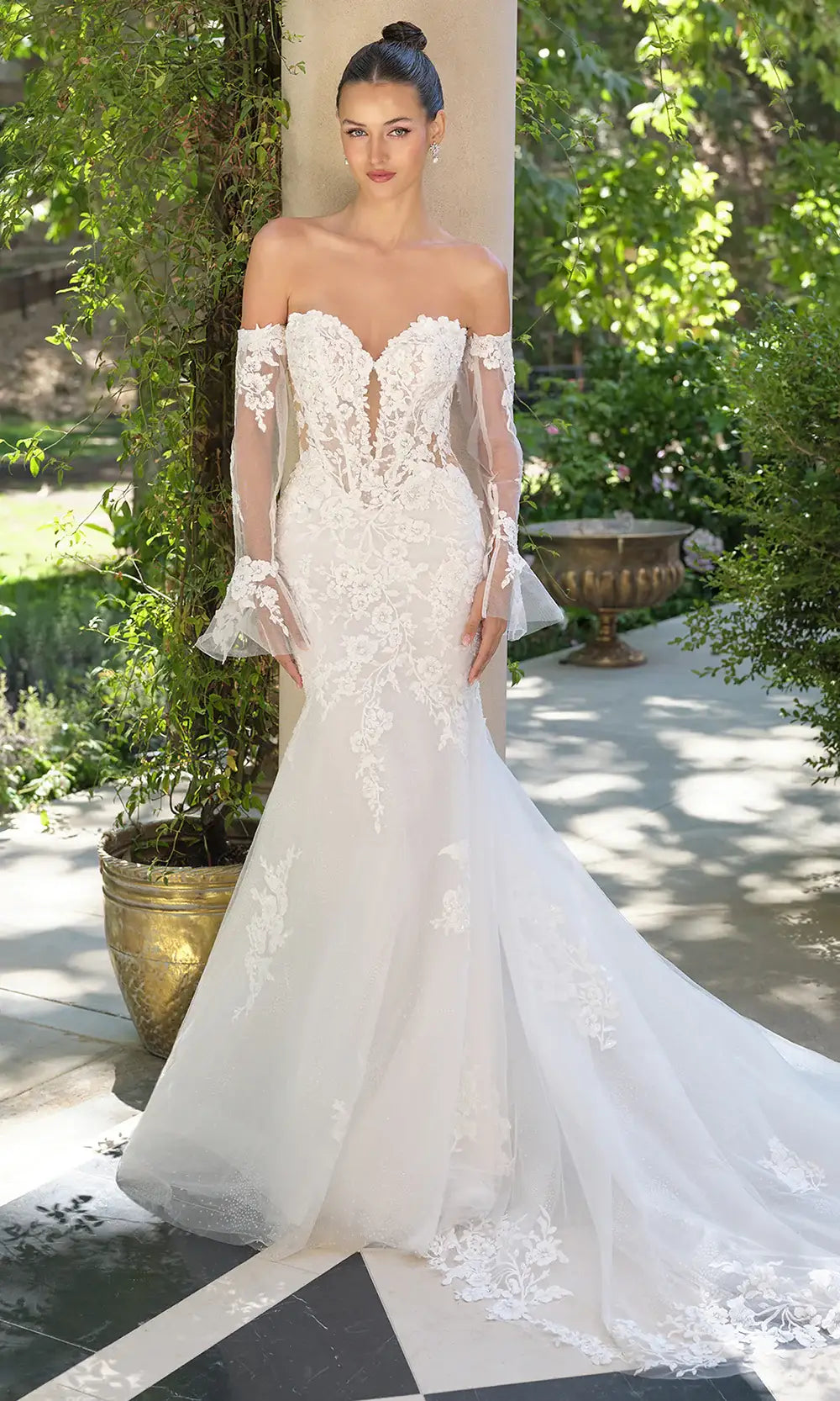 Romantic Mermaid Sweetheart Off-Shoulder Long Sleeve Illusion Tulle Off-White Floor-Length Wedding Dress