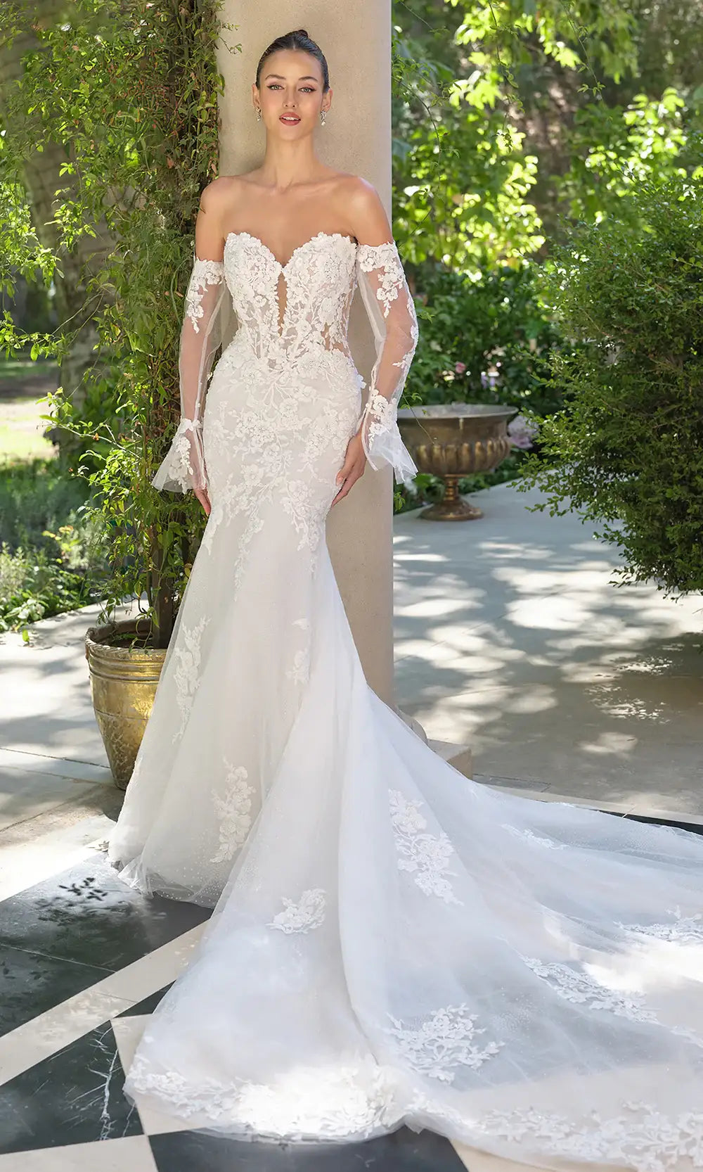 Romantic Mermaid Sweetheart Off-Shoulder Long Sleeve Illusion Tulle Off-White Floor-Length Wedding Dress