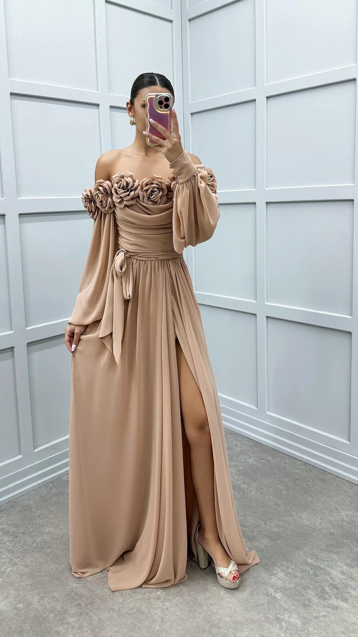 Robe de bal à manches ballon et bretelles en corde, coupe trapèze, motif floral, robe de soirée élégante, longueur au sol, fendue 