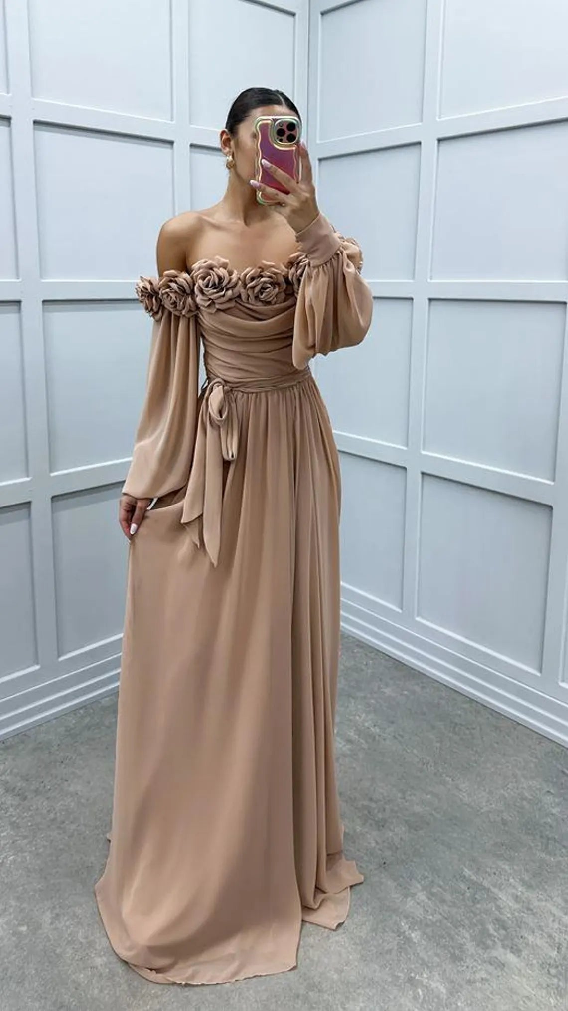 Robe de bal à manches ballon et bretelles en corde, coupe trapèze, motif floral, robe de soirée élégante, longueur au sol, fendue 