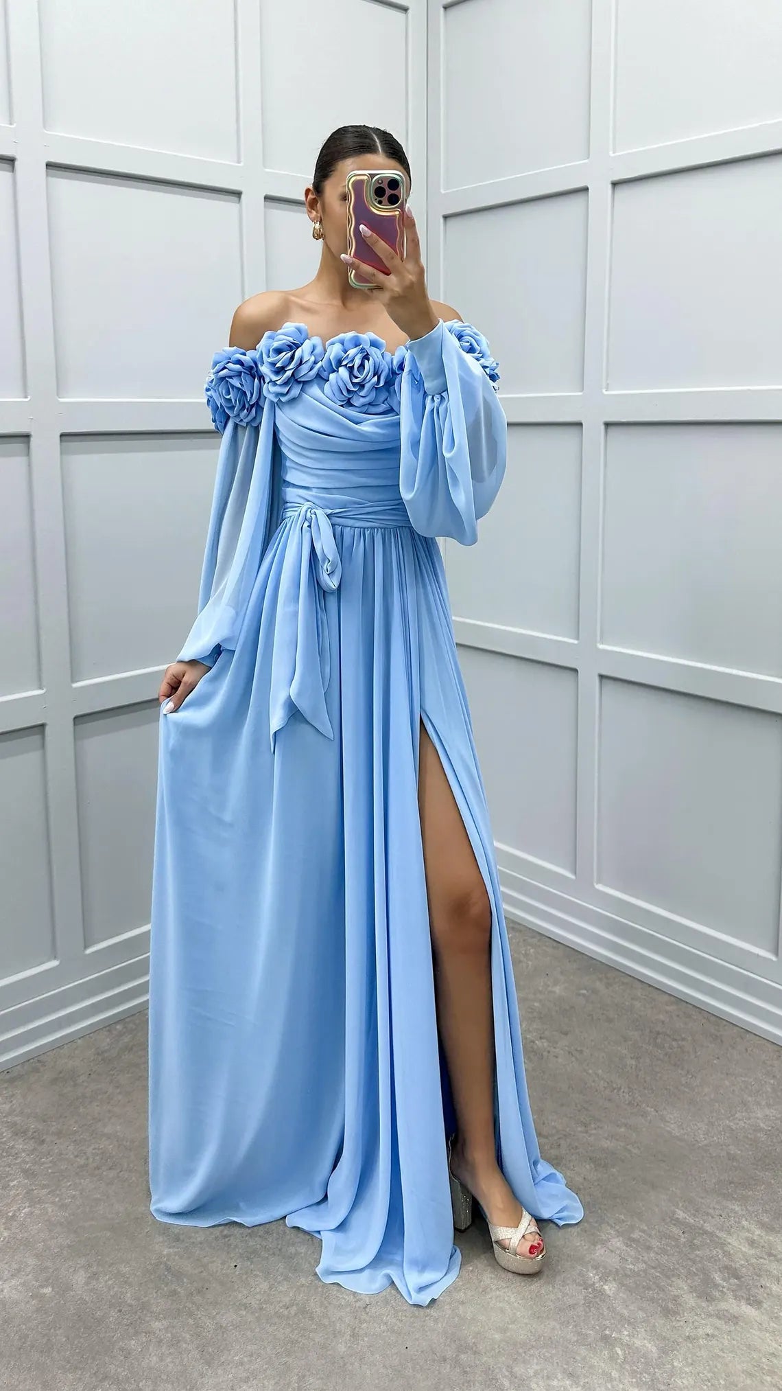 Robe de bal à manches ballon et bretelles en corde, coupe trapèze, motif floral, robe de soirée élégante, longueur au sol, fendue 