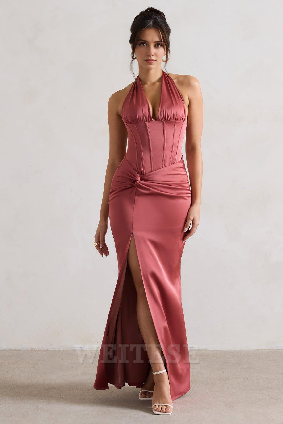 Robe Weitese Champagne Satin Style Corset Maxi Robe Avec Jupe Portefeuille Robe De Bal Dos Nu Col V Profond Avec Fente Latérale Robe De Demoiselle D'honneur 