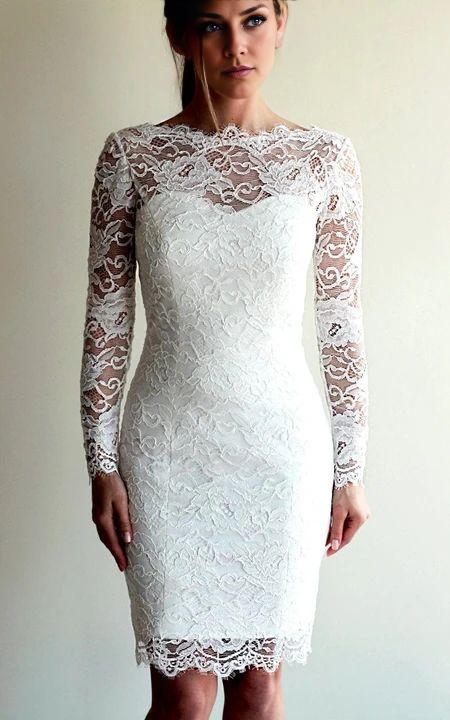 Vestido de novia corto ajustado con encaje, manga larga, cuello redondo y espalda descubierta 