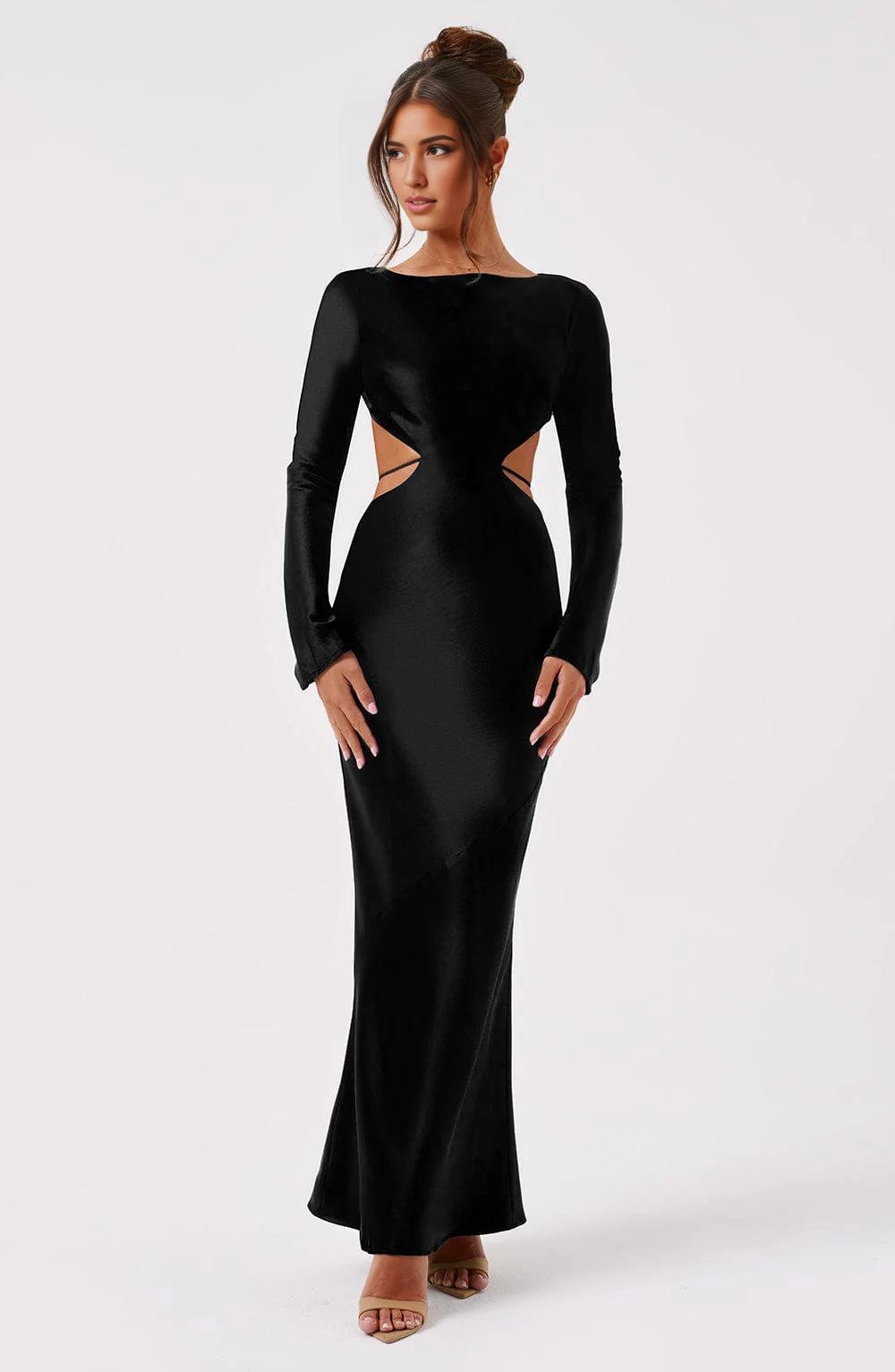 Round Neck Long-Sleeved Sexy Backless Hollow Prom Dress New Temperament Long Dress