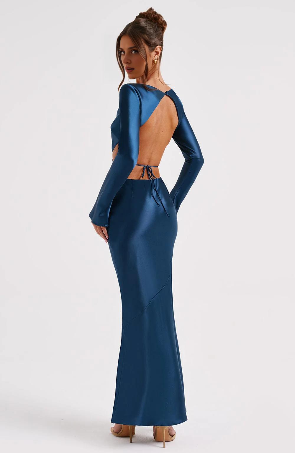 Round Neck Long-Sleeved Sexy Backless Hollow Prom Dress New Temperament Long Dress
