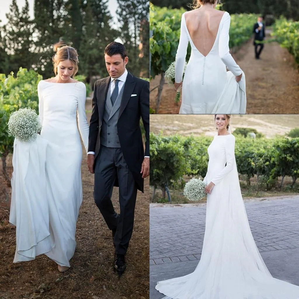 Robe de mariée blanche simple, col rond, manches longues, dos nu, avec traîne/sans voile
