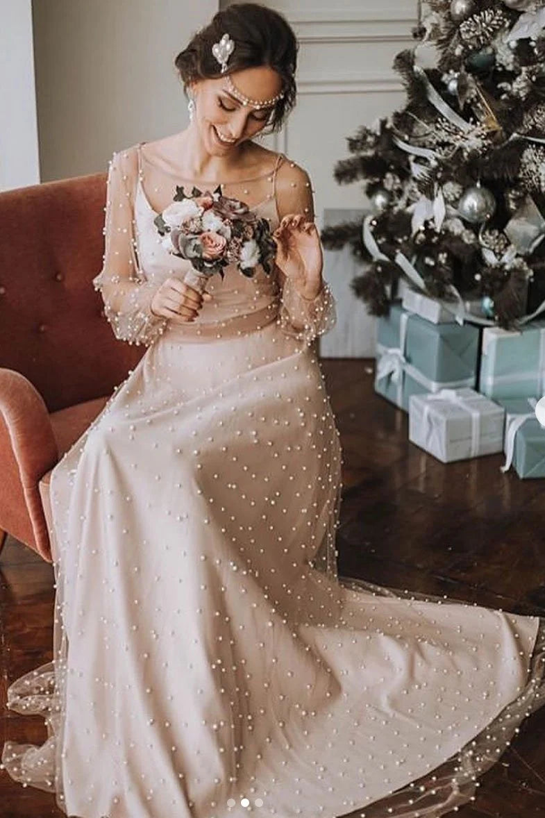 Weitese Formal Women's Dresses Champagne Round Neck Tulle Beads Long Prom Dress Prom Dresses Stores