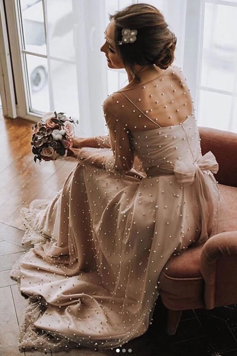 Weitese Formal Women's Dresses Champagne Round Neck Tulle Beads Long Prom Dress Prom Dresses Stores