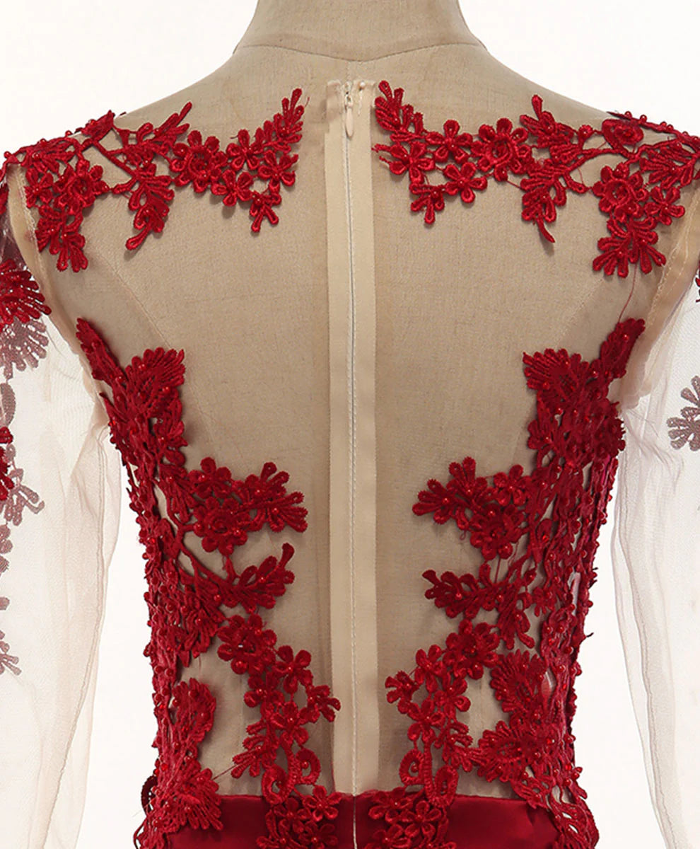 Vestido de fiesta de sirena con encaje satinado y cuello redondo con apliques