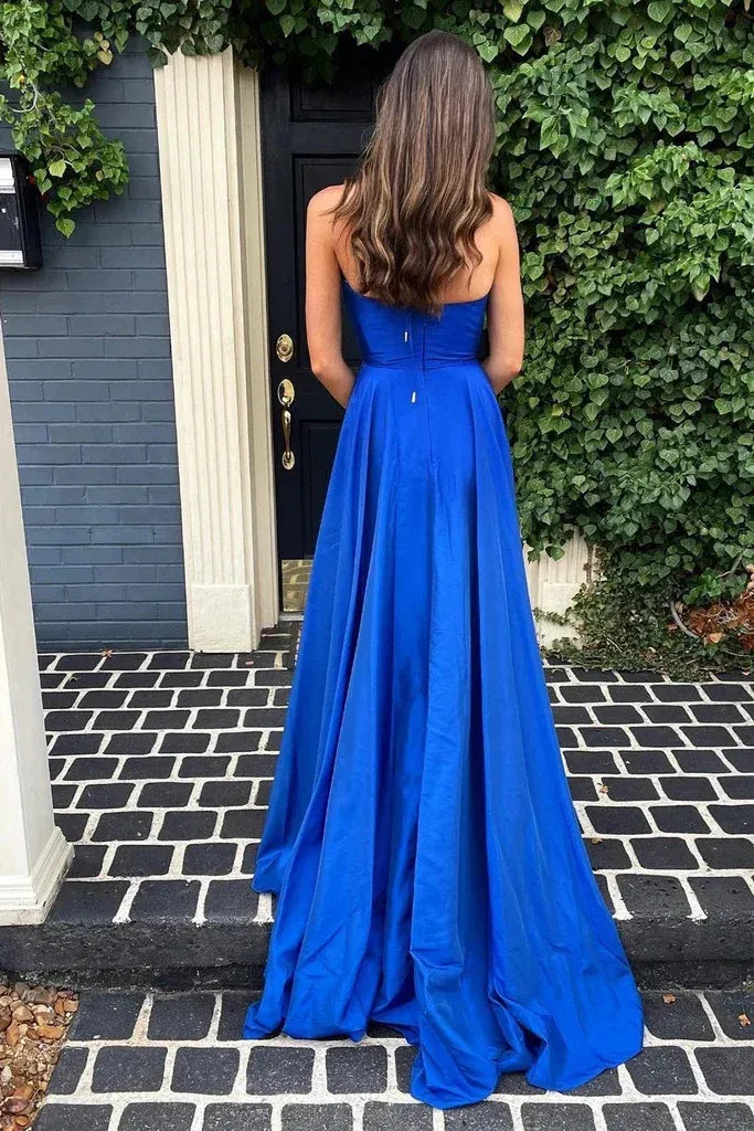 Royal Blue Deep V Halter High Slit A-Line Satin Formal Evening Dress