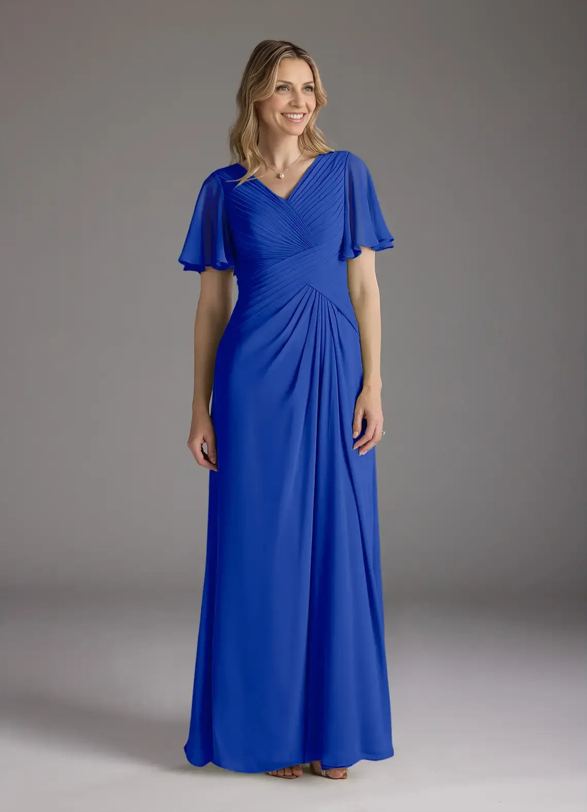 Weitese Dress A-Line V-Neck Ruched Chiffon Mother of the Groom Dresses Elegant Ruffle Flutter Sleeves V Back Evening Dress