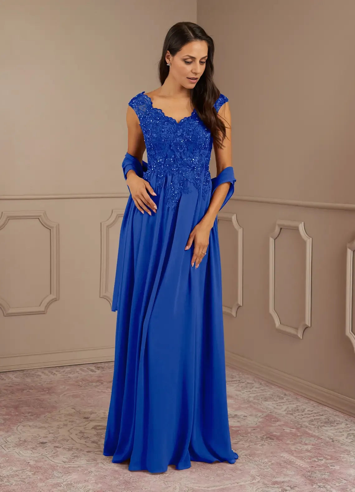 Weitese Dress Black A-Line V-Neck Lace Sequins Chiffon Maxi Dress Modern Cap Sleeves V Back Mother of the Bride Dress