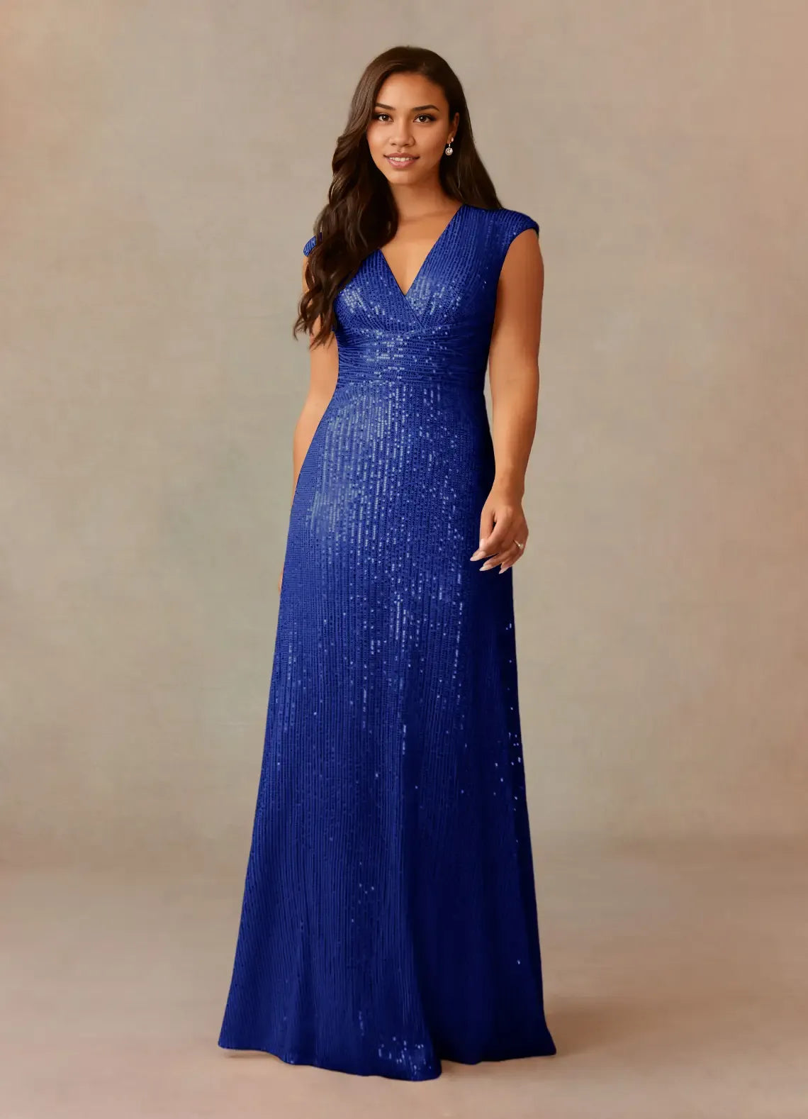 Weitese Dress Champagne A-Line V-Neck Ruched Sequins Mother Of The Bride Dresses Cap Sleeves Back Zip Ruffle Evening Dress