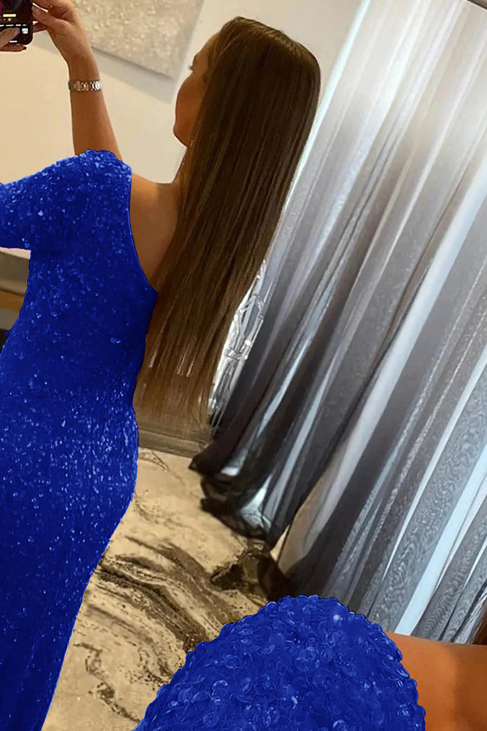 Mermaid Sequins Glitter One-Shoulder Prom Dress With Slit