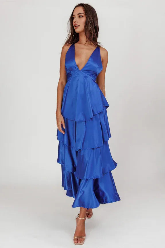 Robe Weitese A-line Bretelles spaghetti Col V profond Volants à volants à bretelles Dos ouvert Robe de bal Lilas 