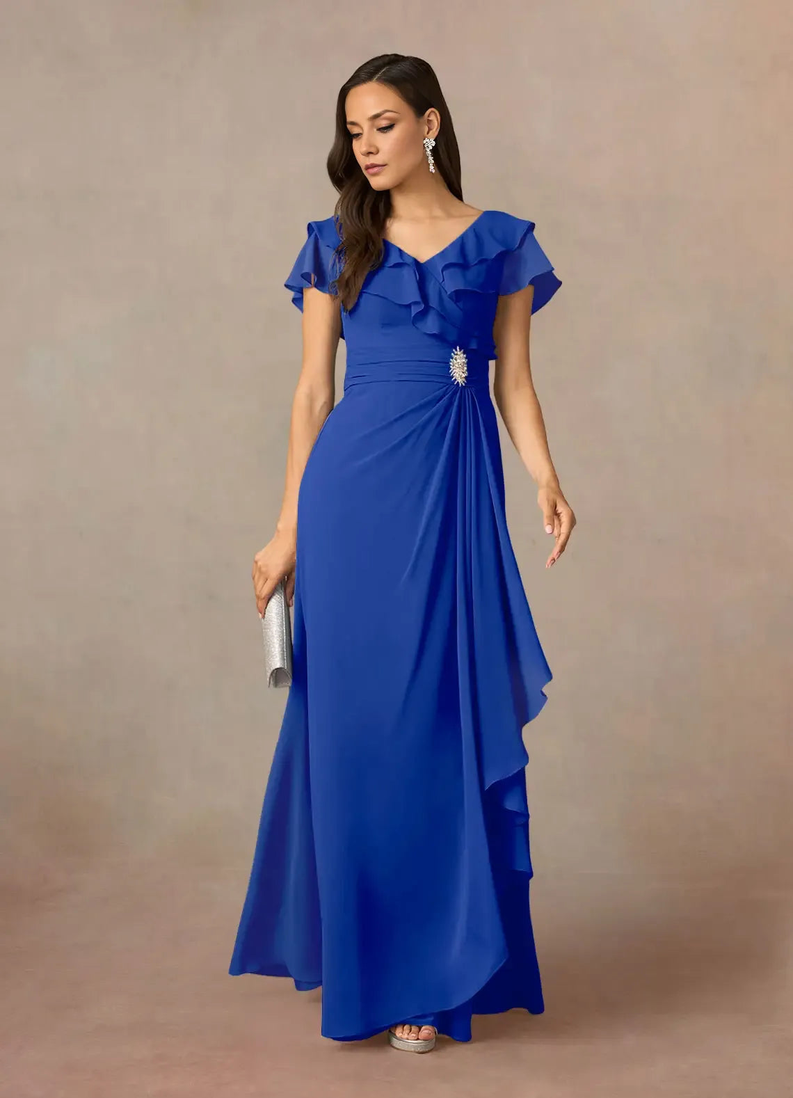 Robe Weitese bleu marine foncé, coupe trapèze, col en V, en mousseline froncée, robe de soirée pour mère de la mariée, élégante, volantée, manches flottantes, dos en V, grande taille 