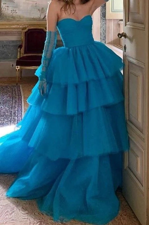 Weitese Formal Women's Dresses Blue Dots Layers Prom Dresses with Ruching Strapless Long Party Dress Prom Dresses Stores