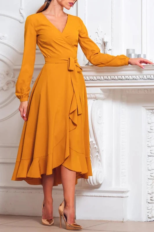 Ruffle Chic V Neck Tea-Length A-line Long Sleeves Bridesmaid Party Prom Evening Dress