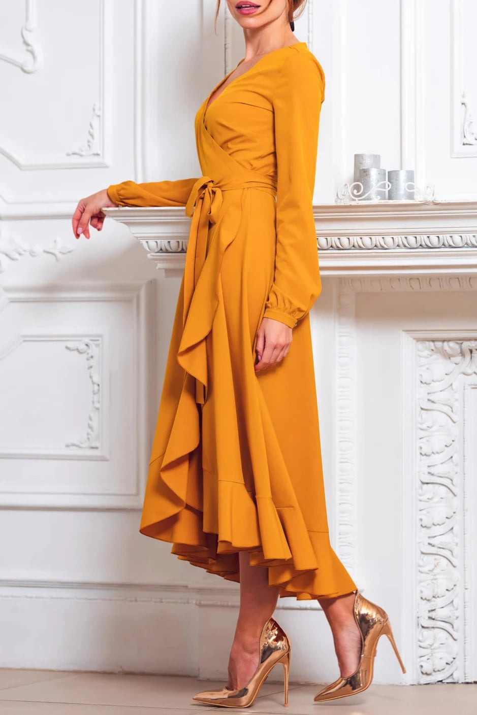 Ruffle Chic V Neck Tea-Length A-line Long Sleeves Bridesmaid Party Prom Evening Dress