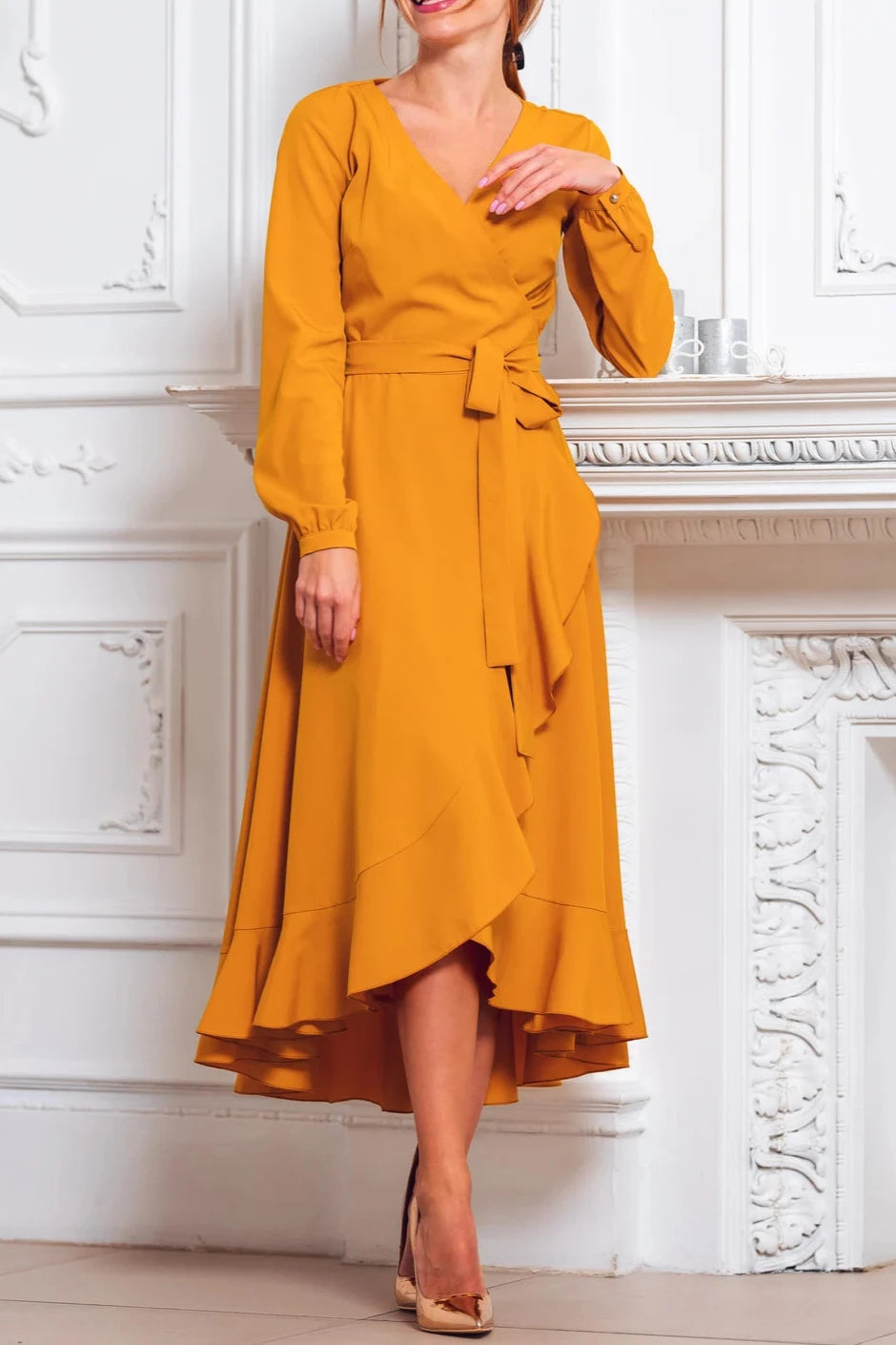 Ruffle Chic V Neck Tea-Length A-line Long Sleeves Bridesmaid Party Prom Evening Dress