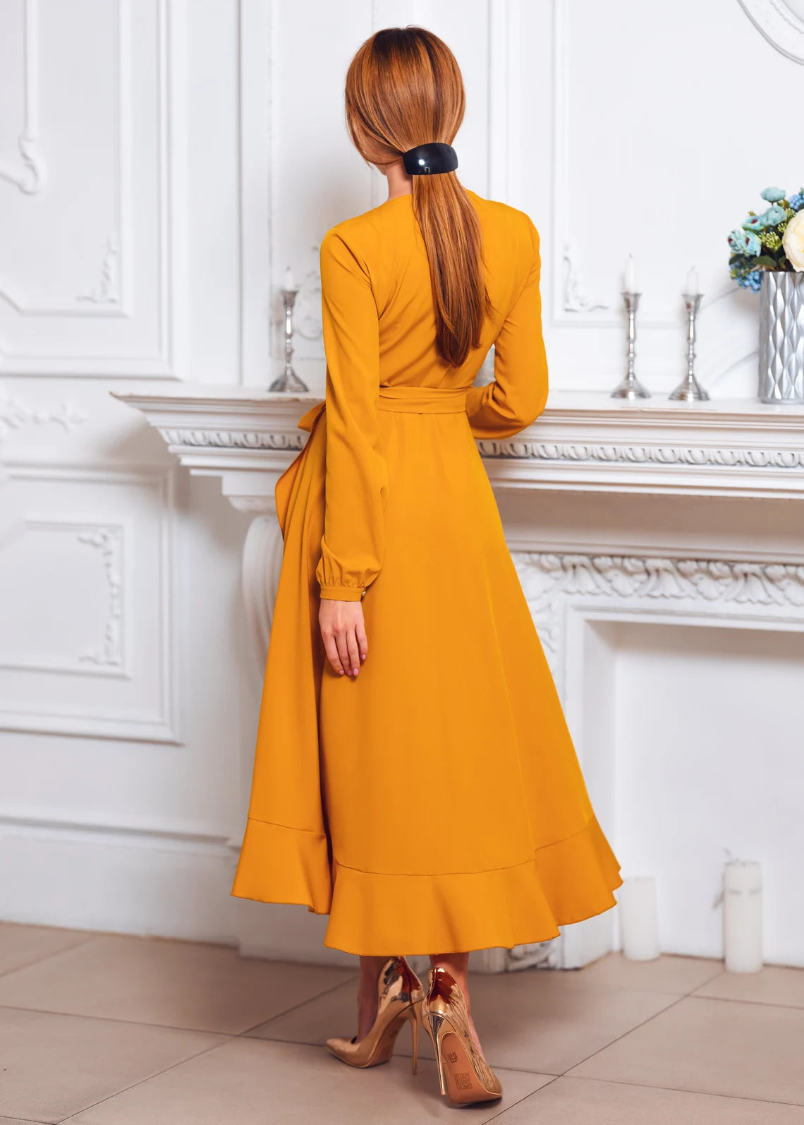 Ruffle Chic V Neck Tea-Length A-line Long Sleeves Bridesmaid Party Prom Evening Dress