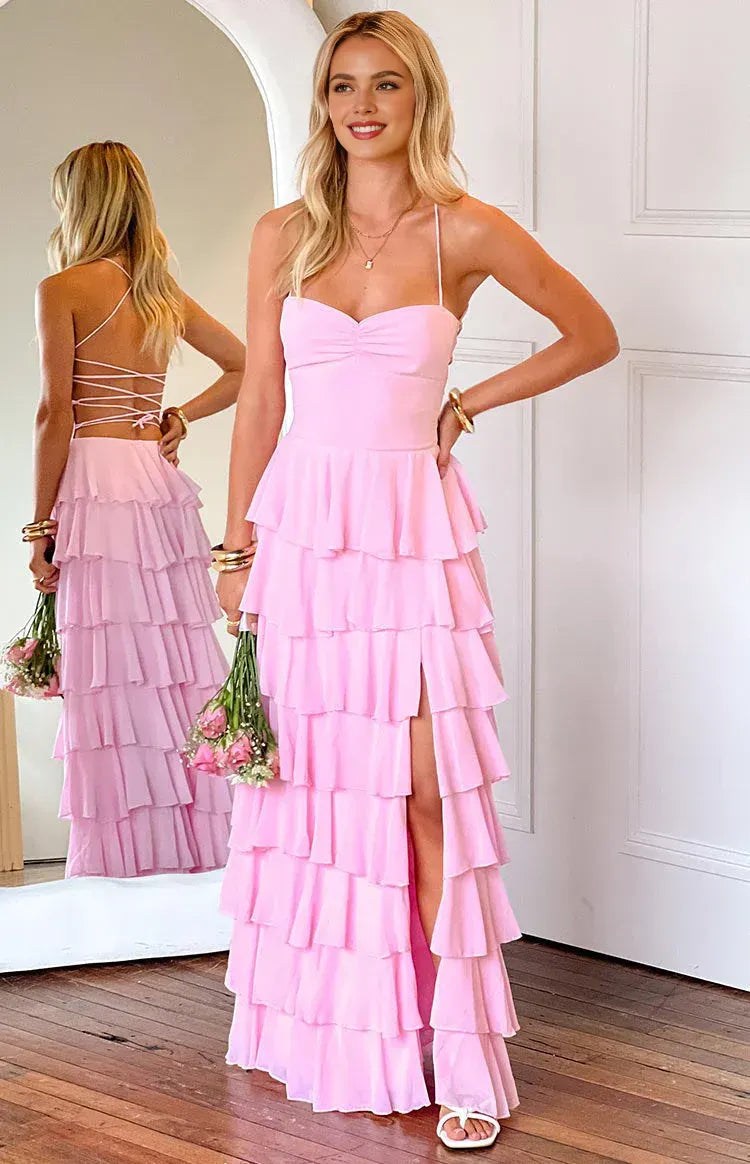 Ruffle Long Spaghetti Straps Graduation Party Dresses Backless Sleeveless Prom Dresses Tiered Affordable A-Line Evening Dresses for Women