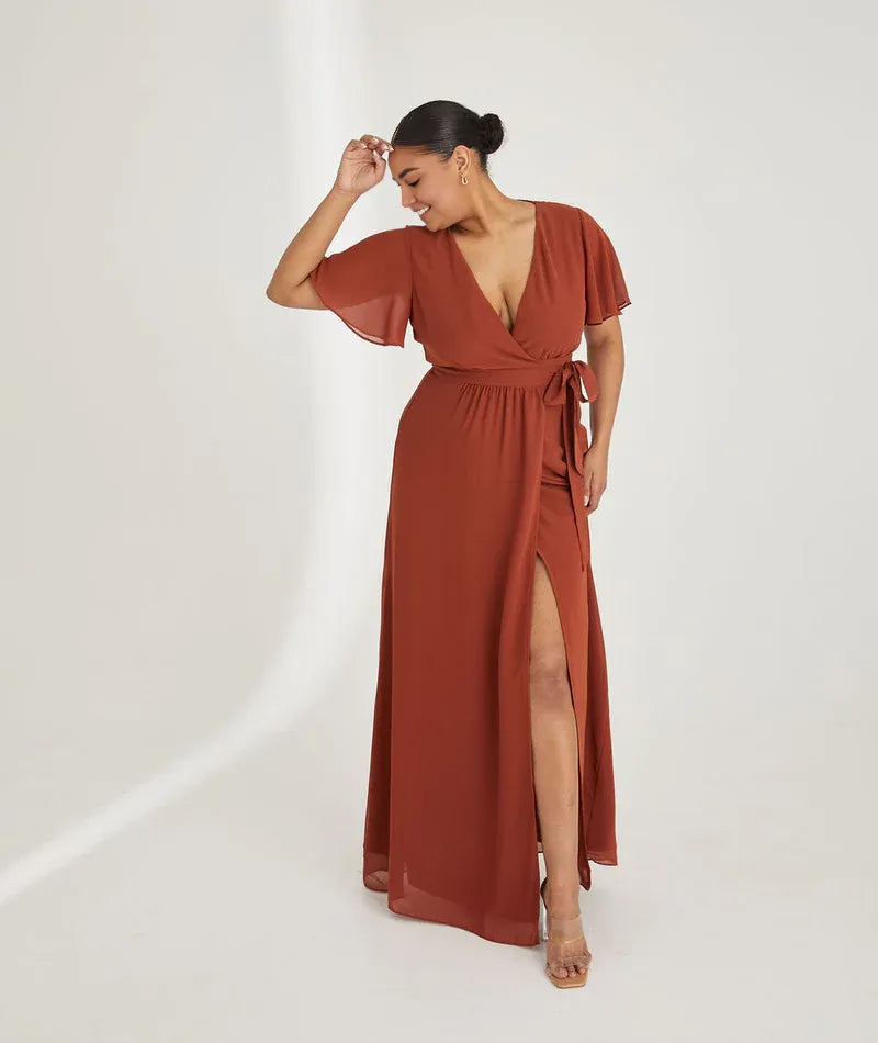 Weitese Dress Fashion V Neck Wrap Tie Chiffon Bridesmaid Dress Maxi Dress Solid Color Blue Flutter Sleeve A-Line Prom Dress