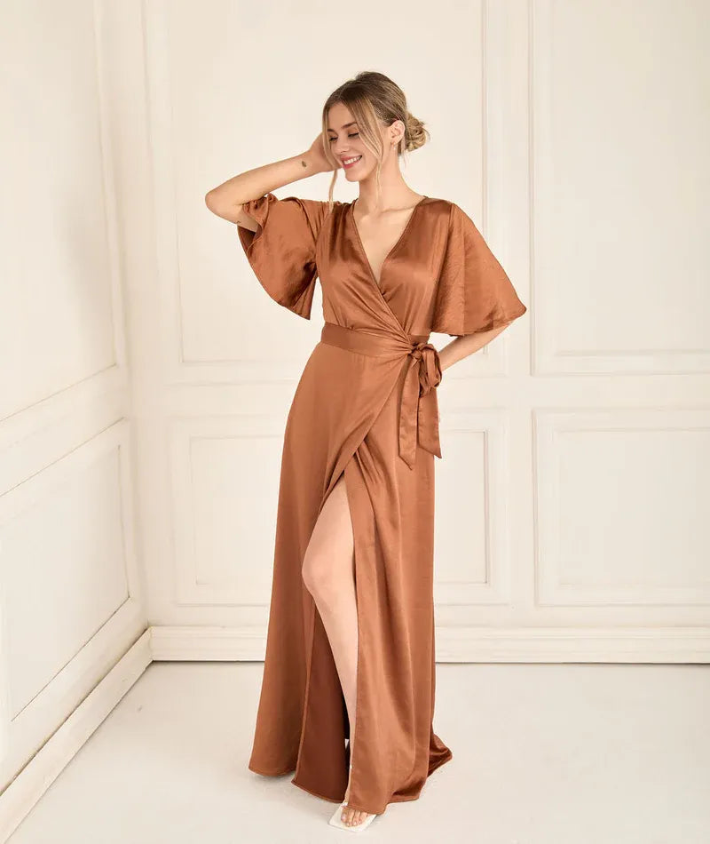 Weitese Dress Fashion Wrap Tie Satin Bridesmaid Dress Maxi Dress Solid Color Champagne Flutter Sleeve Column Prom Dress