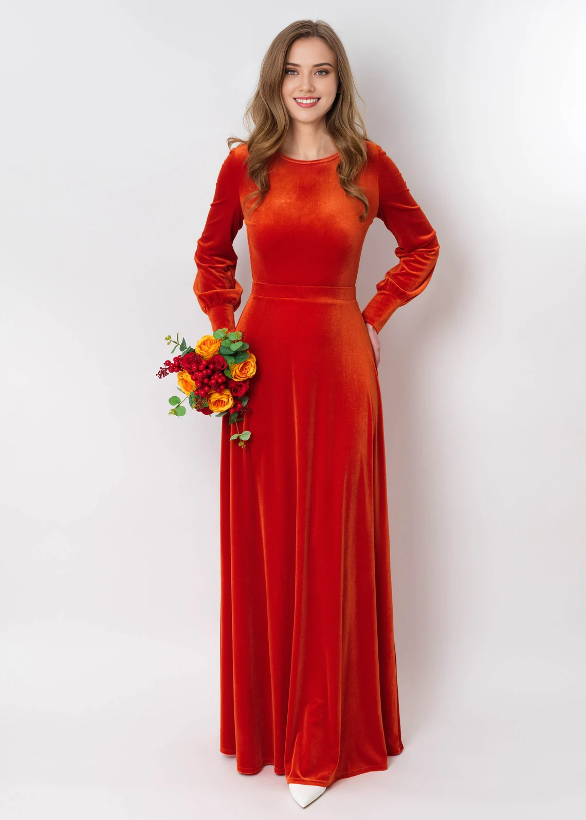 Rust Orange Velvet Long Dress Bridesmaid Velvet Dress Wedding Guest Dress Velvet Gown Velvet Slit Dress Maxi Dress Long Sleeves Evening Dress