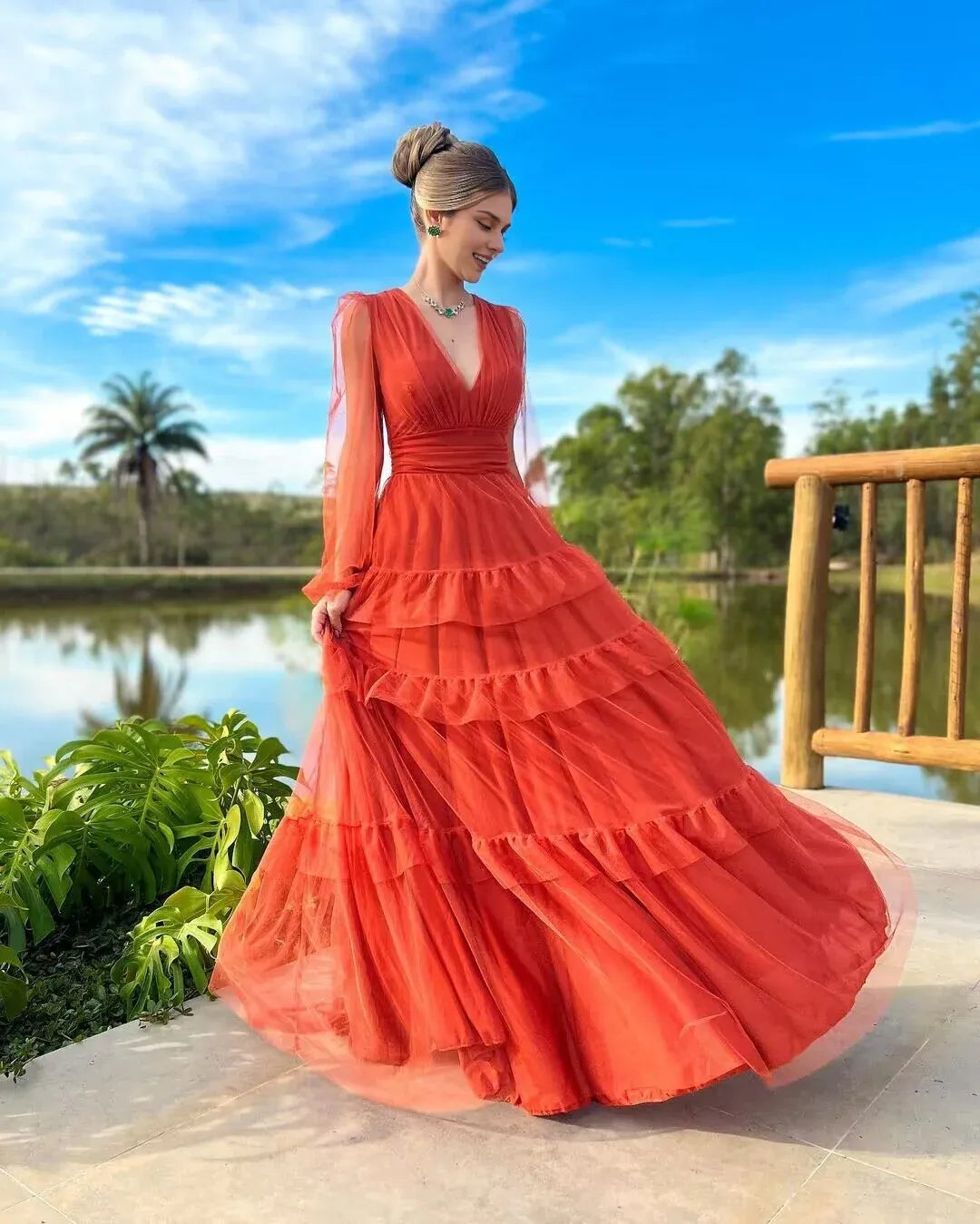 Weitese Formal Women's Dresses Rust Red V Neck A Line Tulle Long Prom Dress Prom Dresses Stores