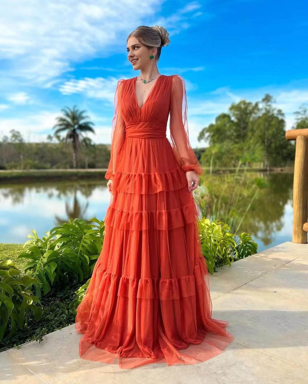 Weitese Formal Women's Dresses Rust Red V Neck A Line Tulle Long Prom Dress Prom Dresses Stores