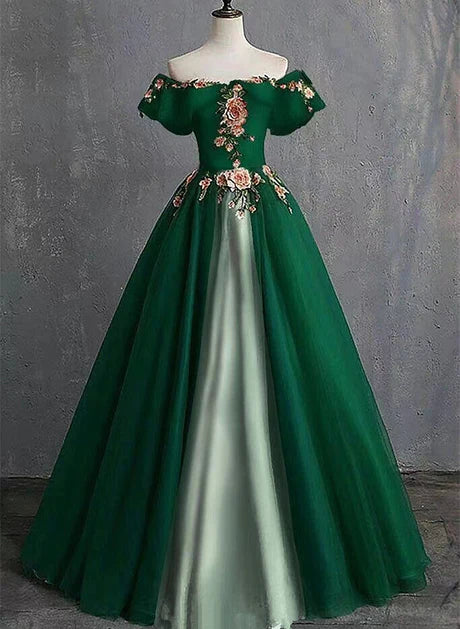 Vestido formal largo de tul y satén verde en forma de A