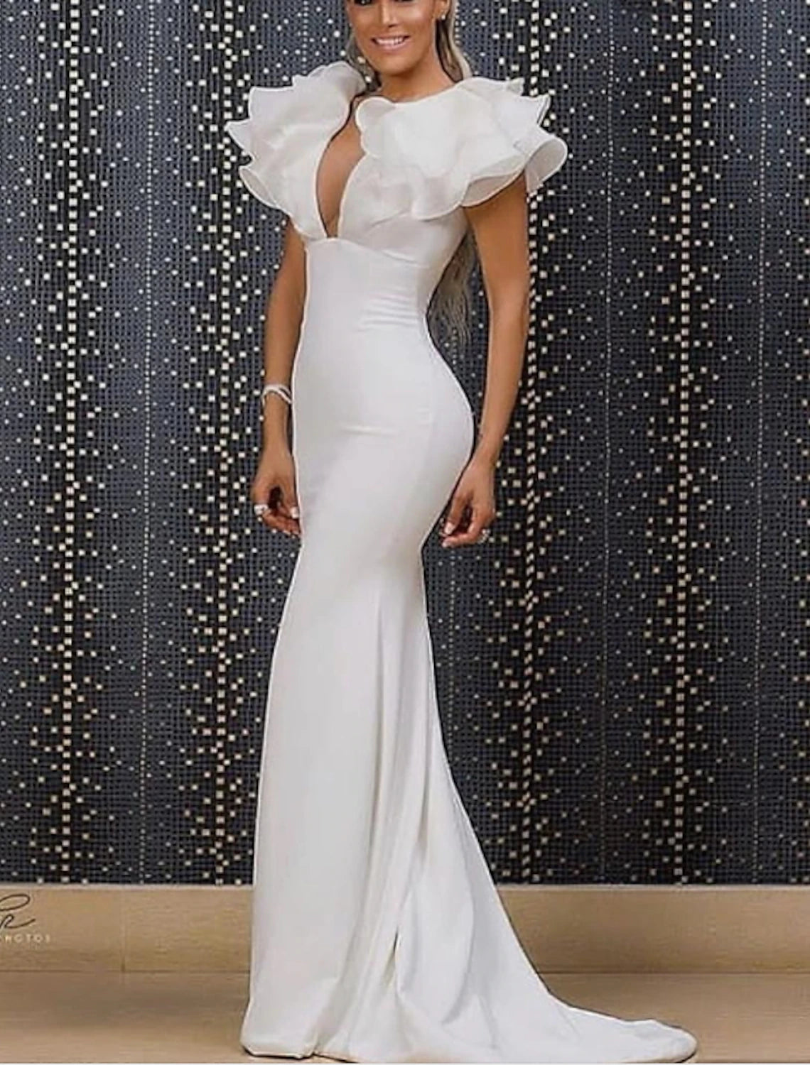 Weitese Mermaid Party Dress Minimalist Sexy Engagement Formal Evening Dress V Neck Short Sleeve Sweep / Brush Train Organza with Sleek