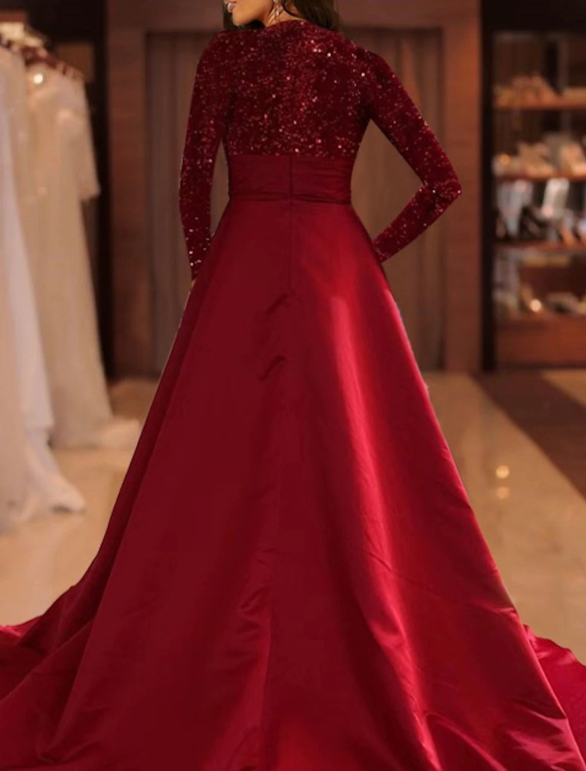 Weitese A-Line Evening Gown Sparkle Red Green Dress Formal Cocktail Party Court Train Long Sleeve High Neck Fall Wedding Guest Satin with Sequin